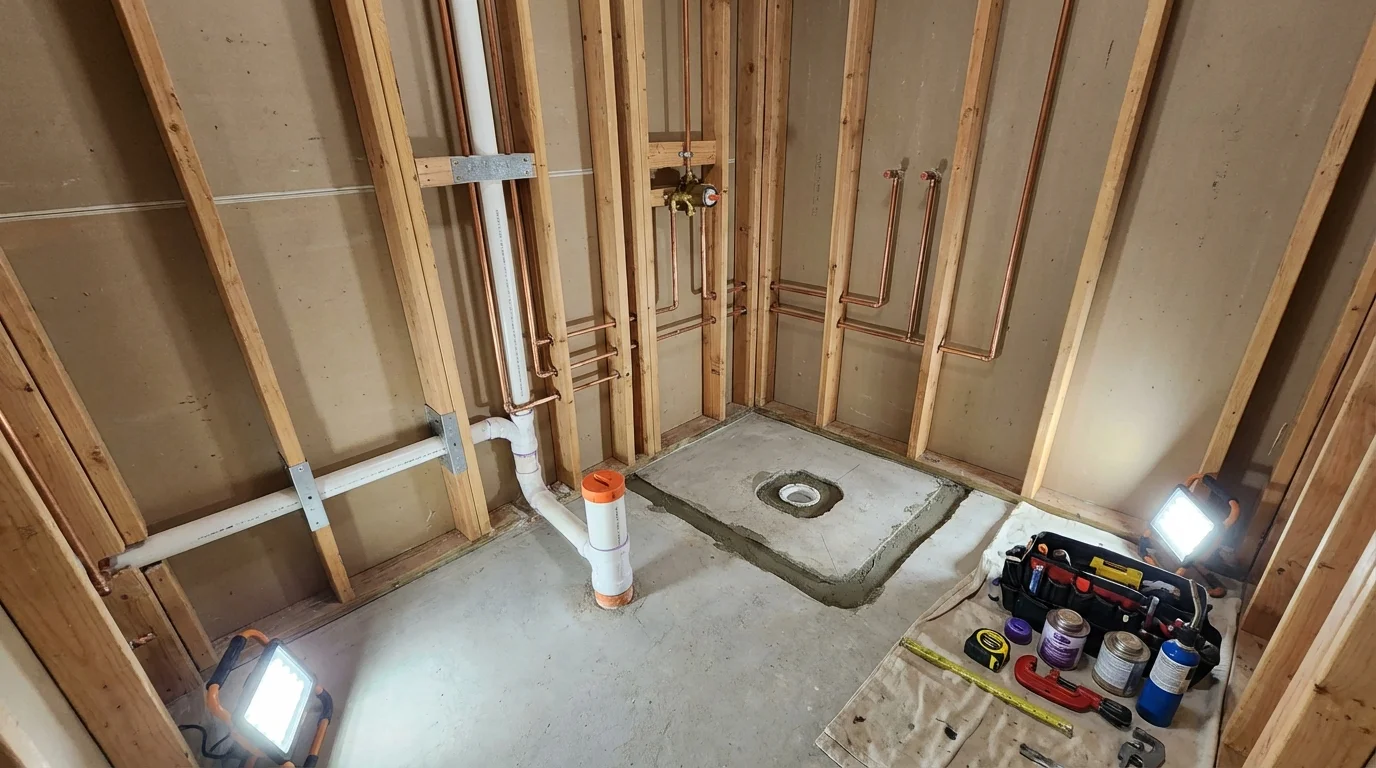 Bathroom rough-in plumbing during remodel by Johns Plumbing LLC in San Juan Bautista