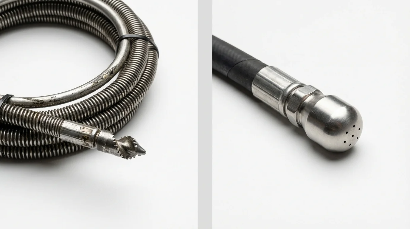 Drain snake cable and hydro jetting nozzle used for drain cleaning in San Juan Bautista, CA