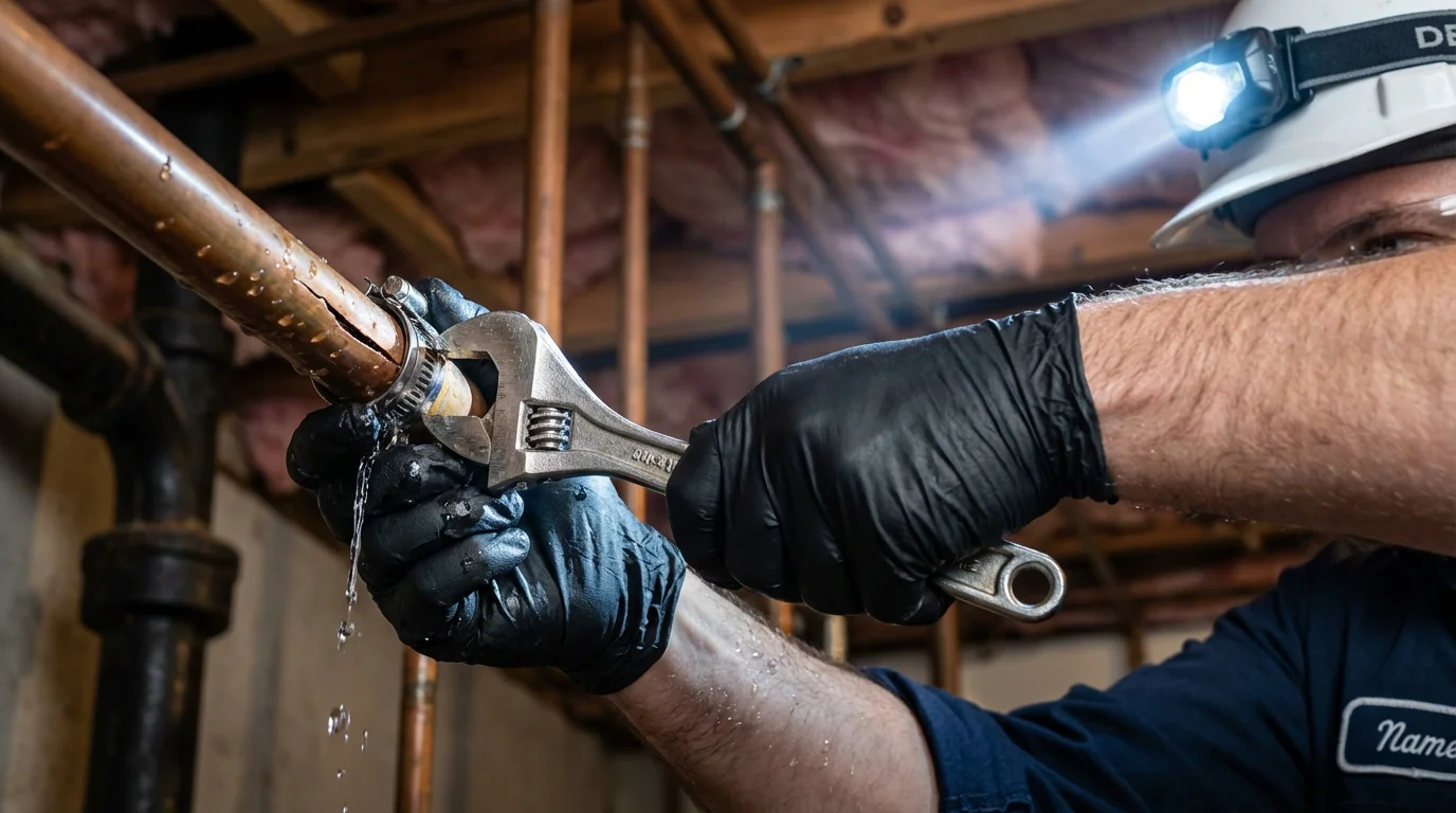 Emergency pipe clamp repair being performed by a Johns Plumbing LLC plumber in San Juan Bautista
