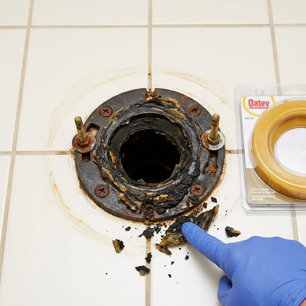 Failed wax ring showing water seepage at the base of a toilet in a San Juan Bautista, CA home