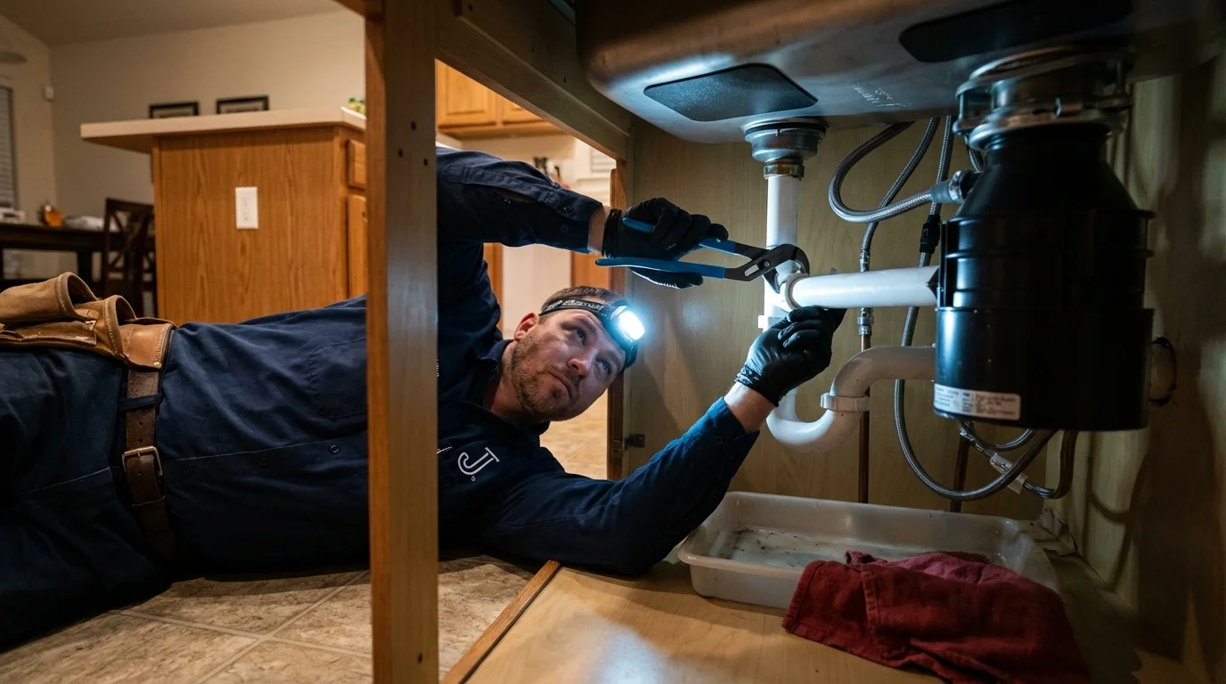 P-trap and supply line connections under a kitchen sink showing a common leak point in San Juan Bautista, CA
